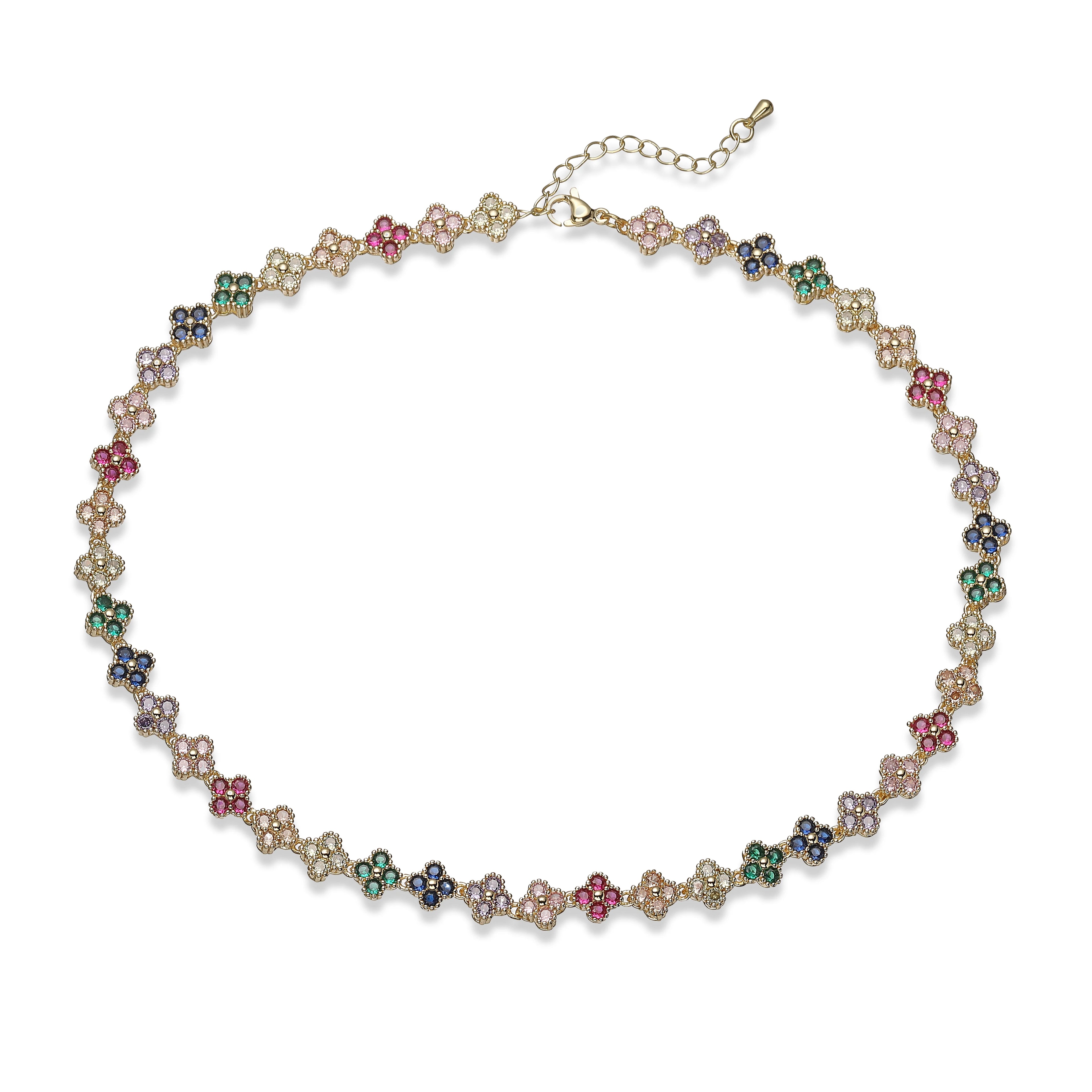 Bracelet/collier en cuivre et métal orné de fleurs colorées en pierres CZ, fermoir mousqueton, ajustable, bijou romantique minimaliste