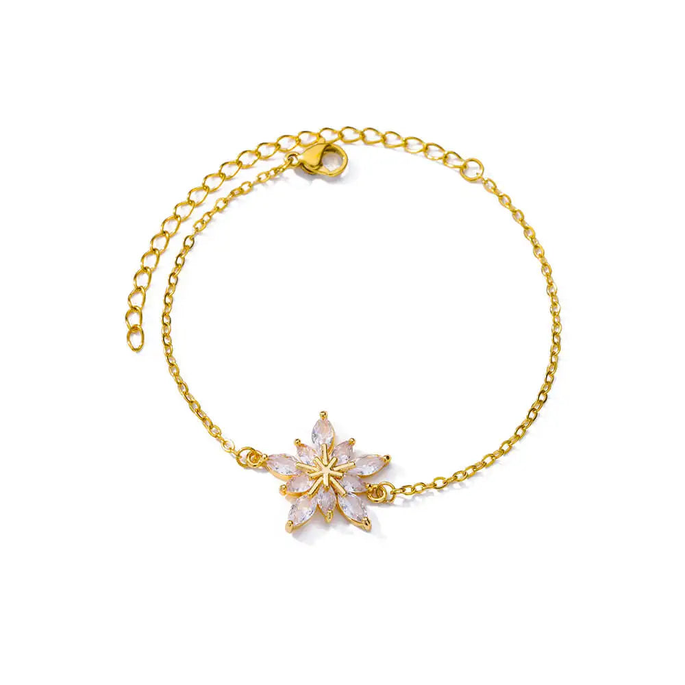 Bracelet élégant en zircon avec fleurs pour femmes et filles, bracelet en acier inoxydable doré, bijou de créateur de luxe