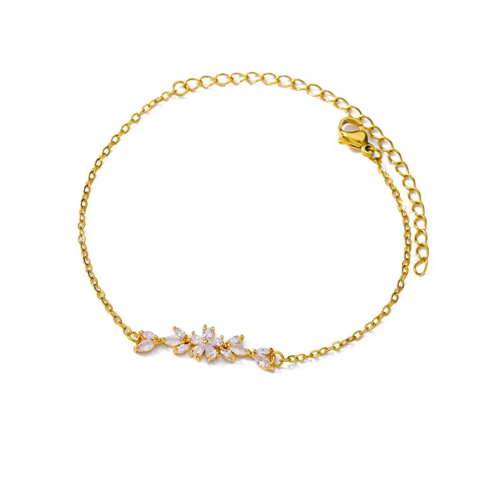 Bracelet élégant en zircon avec fleurs pour femmes et filles, bracelet en acier inoxydable doré, bijou de créateur de luxe