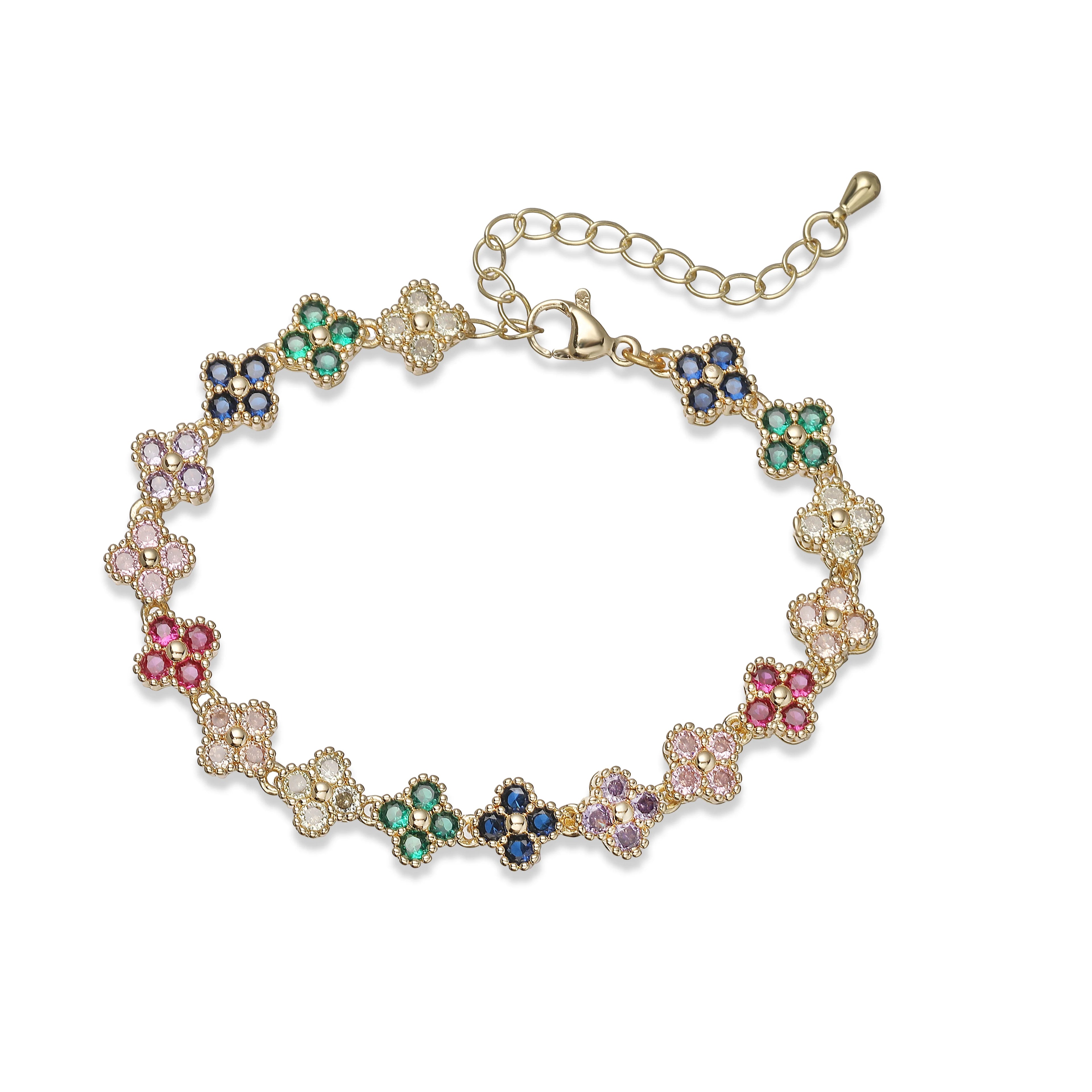 Bracelet/collier en cuivre et métal orné de fleurs colorées en pierres CZ, fermoir mousqueton, ajustable, bijou romantique minimaliste