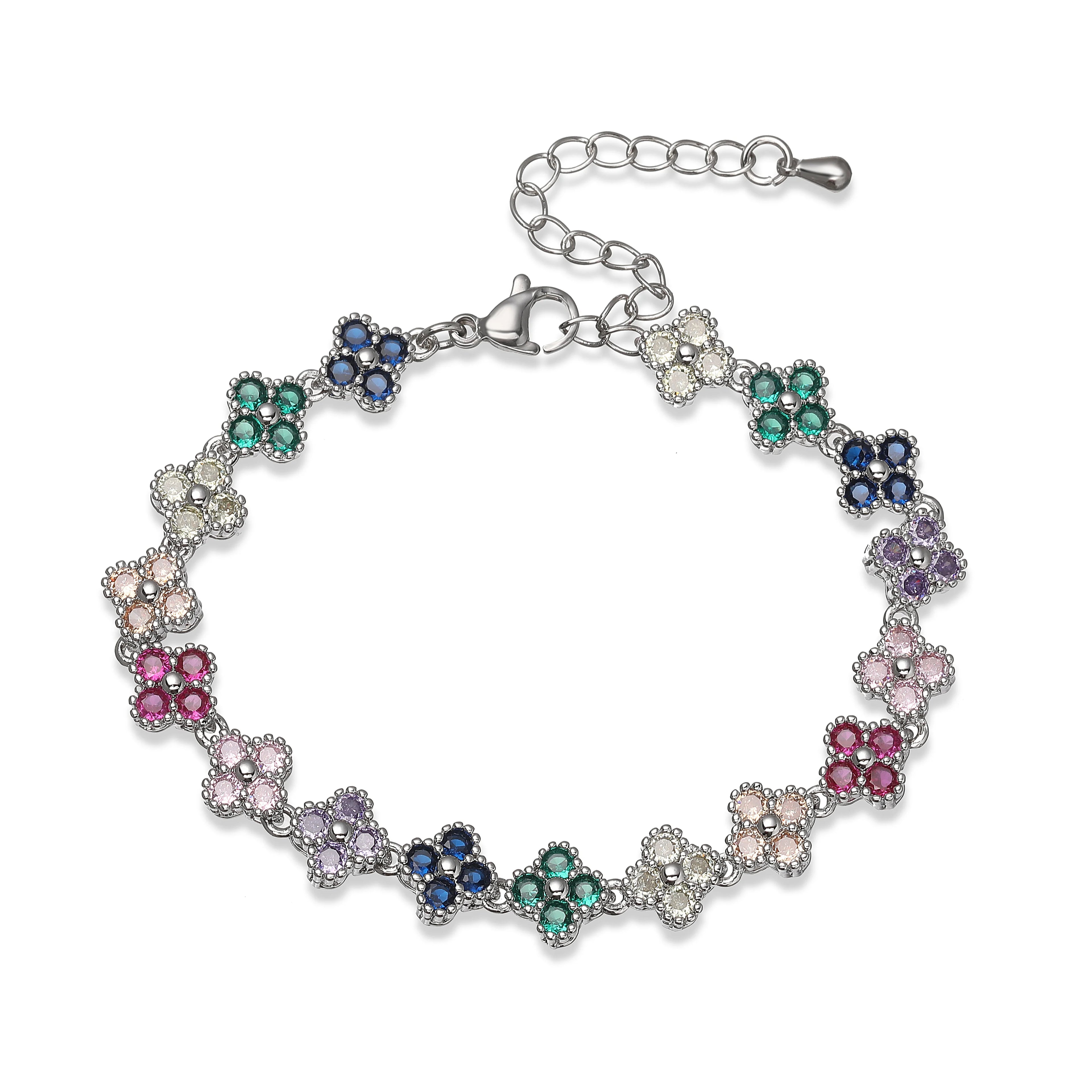 Bracelet/collier en cuivre et métal orné de fleurs colorées en pierres CZ, fermoir mousqueton, ajustable, bijou romantique minimaliste